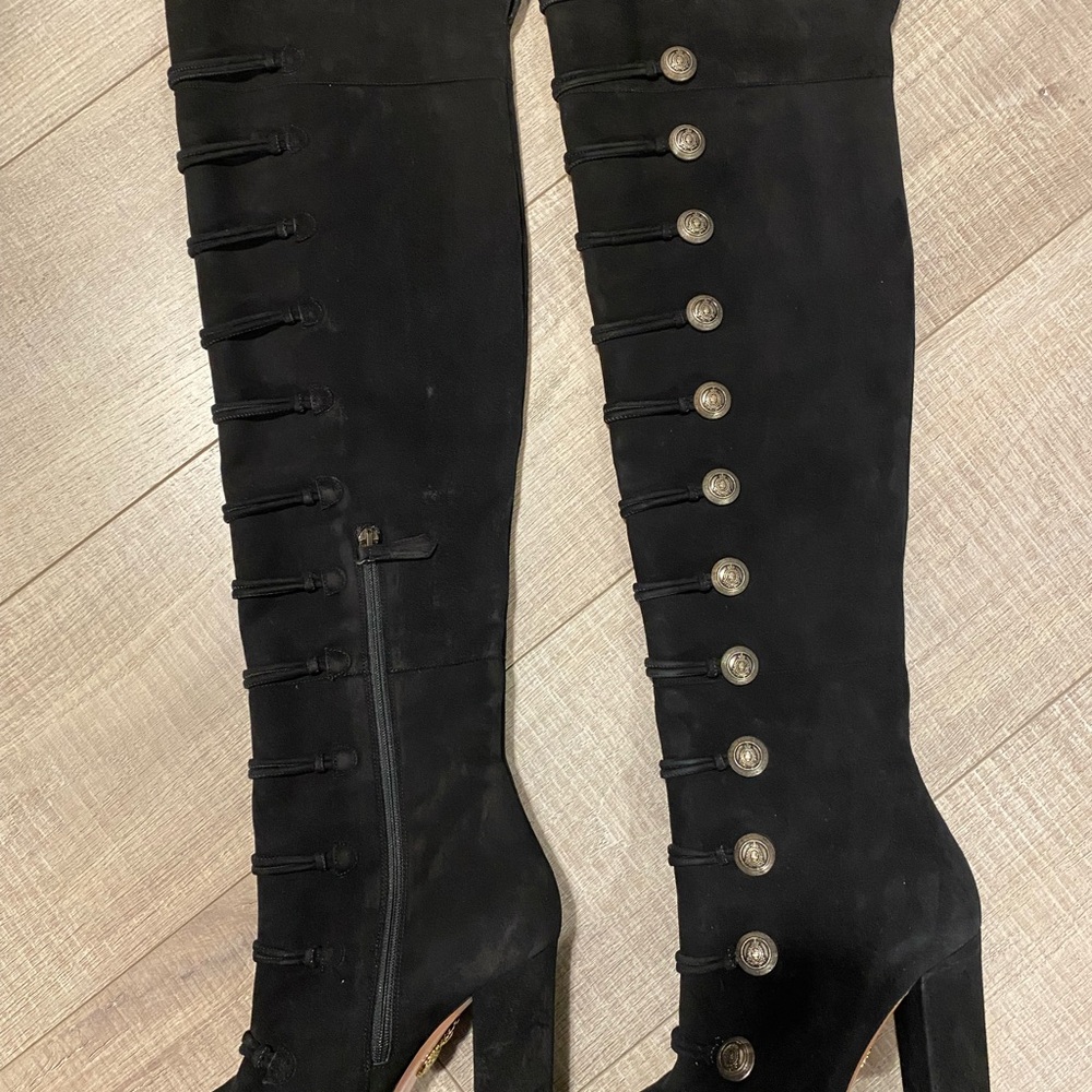 Aquazzura Black Over the Knee Boots with Button Accents